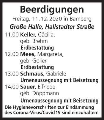 Anzeige von Beerdigungen vom 11.12.2020 von MGO