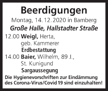 Anzeige von Beerdigungen vom 14.12.2020 von MGO