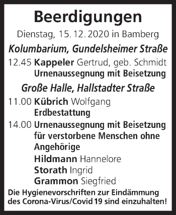 Anzeige von Beerdigungen vom 15.12.2020 von MGO