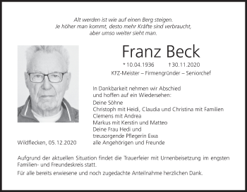 Anzeige von Franz Beck von MGO