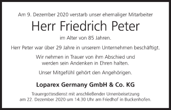 Anzeige von Friedrich Peter von MGO