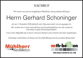 Anzeige von Gerhard Schonfinger von MGO