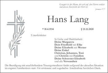 Anzeige von Hans Lang von MGO