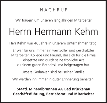 Anzeige von Hermann Kehm von MGO