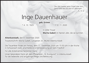 Anzeige von Inge Dauenhauer von MGO