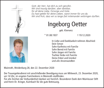 Anzeige von Ingeborg Oetter von MGO
