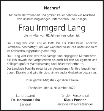 Anzeige von Irmgard Lang von MGO