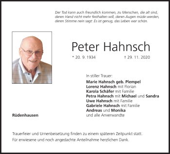 Anzeige von Peter Hahnsch von MGO