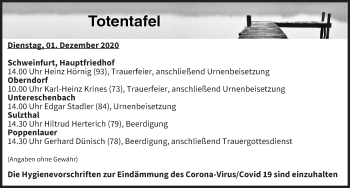 Anzeige von Totentafel vom 01.12.2020 von MGO