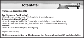 Anzeige von Totentafel vom 11.12.2020 von MGO