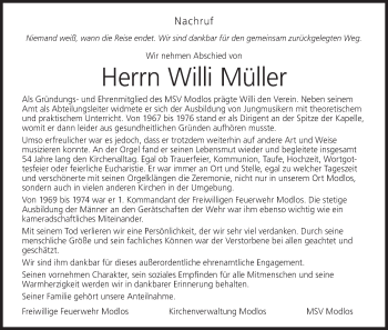 Anzeige von Willi Müller von MGO