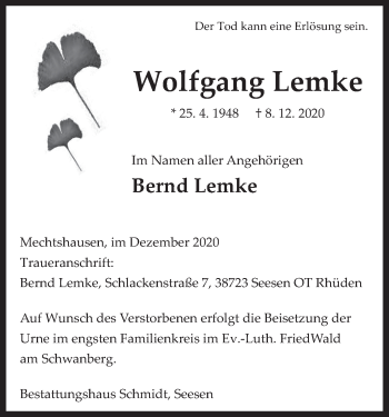 Anzeige von Wolfgang Lemke von MGO