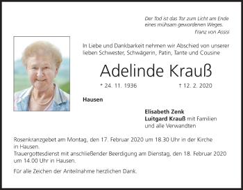 Anzeige von Adelinde Krauß von MGO