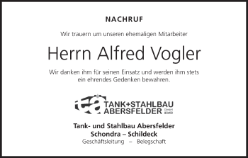 Anzeige von Alfred Vogler von MGO