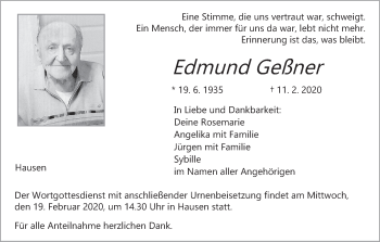 Anzeige von Edmund Geßner von MGO
