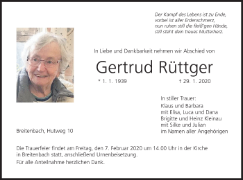 Anzeige von Gertrud Rüttger von MGO