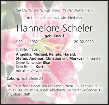 Anzeige von Hannelore Scheler von MGO