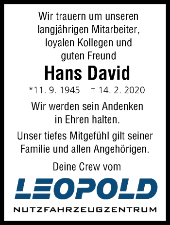 Anzeige von Hans David von MGO