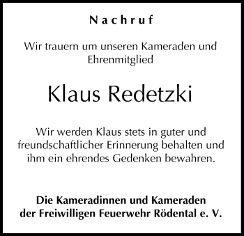 Anzeige von Klaus Redetzki von MGO