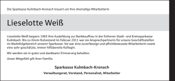 Anzeige von Lieselotte Weiß von MGO
