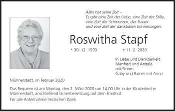 Anzeige von Roswitha Stapf von MGO