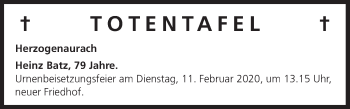 Anzeige von Totentafel vom 07.02.2020 von MGO