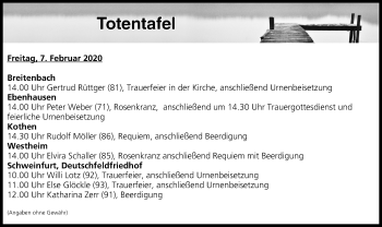 Anzeige von Totentafel vom 07.02.2020 von MGO