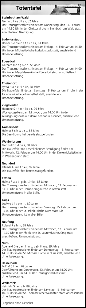 Anzeige von Totentafel vom 12.02.2020 von MGO
