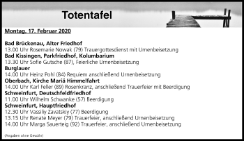 Anzeige von Totentafel vom 17.02.2020 von MGO
