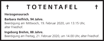 Anzeige von Totentafel vom 18.02.2020 von MGO