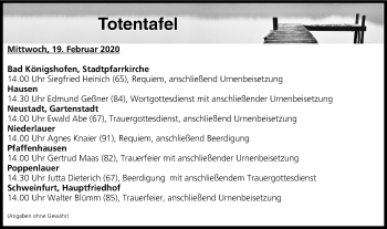 Anzeige von Totentafel vom 19.02.2020 von MGO