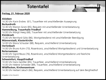 Anzeige von Totentafel vom 21.02.2020 von MGO