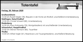 Anzeige von Totentafel vom 28.02.2020 von MGO