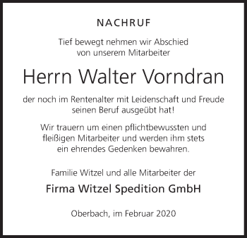 Anzeige von Walter Vorndran von MGO