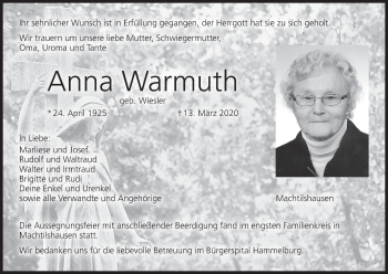 Anzeige von Anna Warmuth von MGO