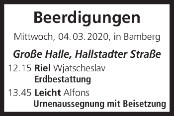 Anzeige von Beerdigungen vom 04.03.2020 von MGO