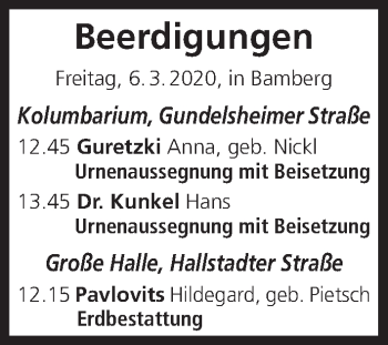 Anzeige von Beerdigungen vom 06.03.2020 von MGO