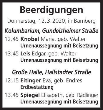Anzeige von Beerdigungen vom 12.03.2020 von MGO