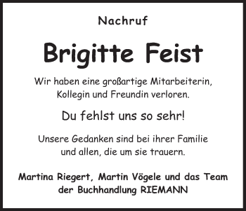Anzeige von Brigitte Feist von MGO