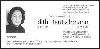 Anzeige von Edith Deutschmann von MGO