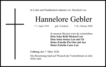Anzeige von Hannelore Gebler von MGO