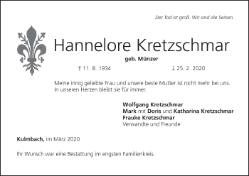Anzeige von Hannelore Kretzschmar von MGO