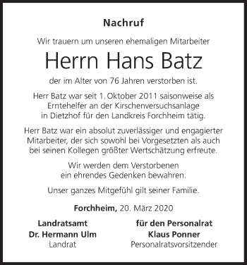 Anzeige von Hans Batz von MGO