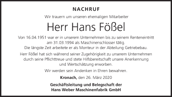 Anzeige von Hans Fößel von MGO