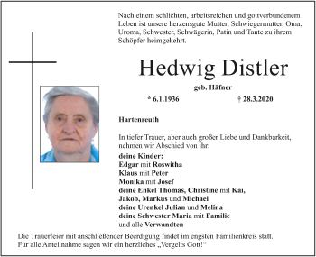 Anzeige von Hedwig Distler von MGO