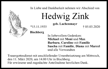 Anzeige von Hedwig Zink von MGO