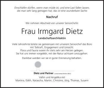 Anzeige von Irmgard Dietz von MGO