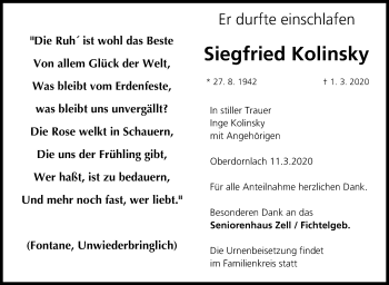 Anzeige von Siegfried Kolinsky von MGO