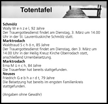 Anzeige von Totentafel vom 03.03.2020 von MGO