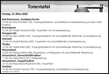 Anzeige von Totentafel vom 13.03.2020 von MGO